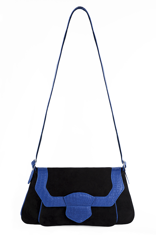 Matt black and electric blue women's dress handbag, matching pumps and belts. Top view - Florence KOOIJMAN